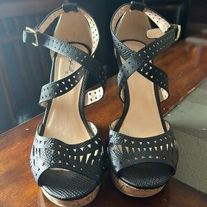 Quipid sexy black & cork 4 inch wedge sandals size 9